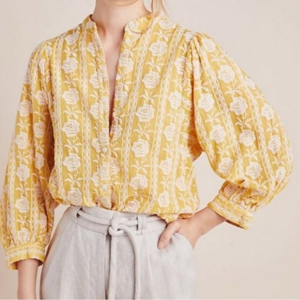 Anthropologie Pilcro Yellow Floral Blouse with Cream Embroidery